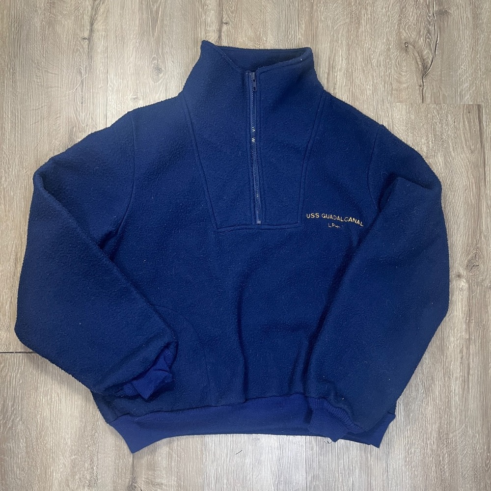 VTG USS Guadalcanal LPH-7 Fleece MVP Sweatshirt 1/4 Zip Blue Navy Pullover Large